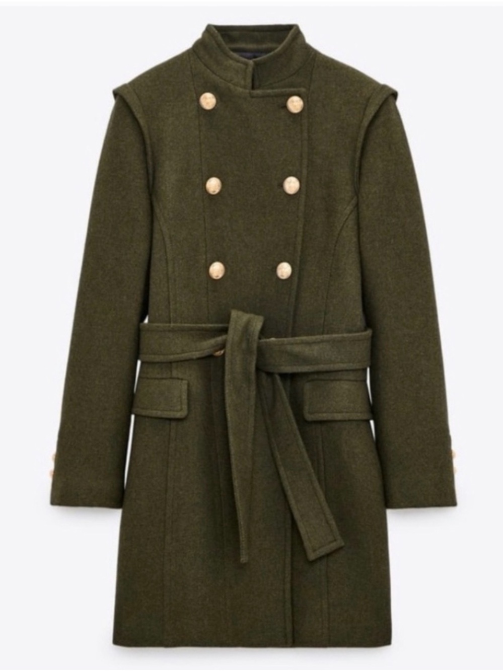 Zara Olive Green Double-Breasted Belted Coat
